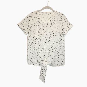Pleione Women's Tie Front Short Sleeve Blouse in White Black - Size XS